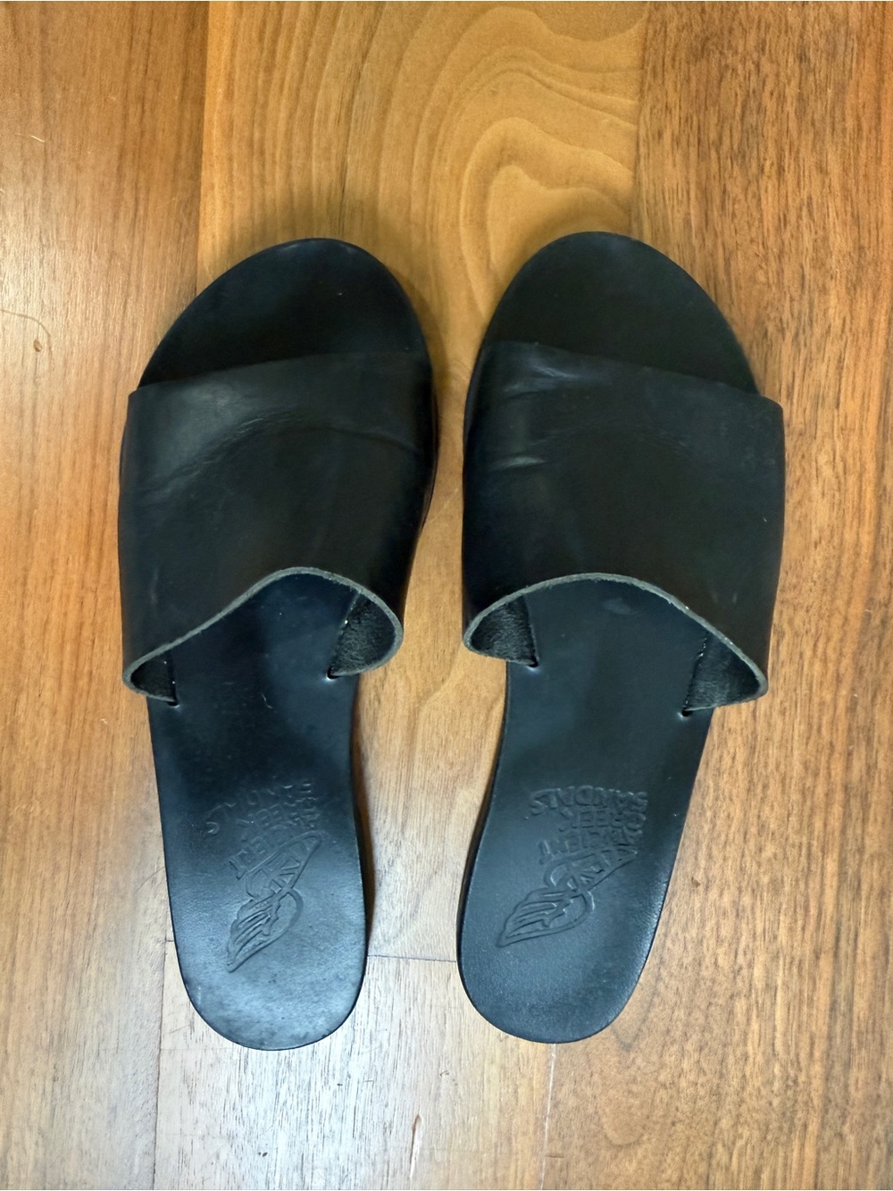 Ancient Greek “Taygete” Black Leather Slide Sandals - Womens, size 37, like new